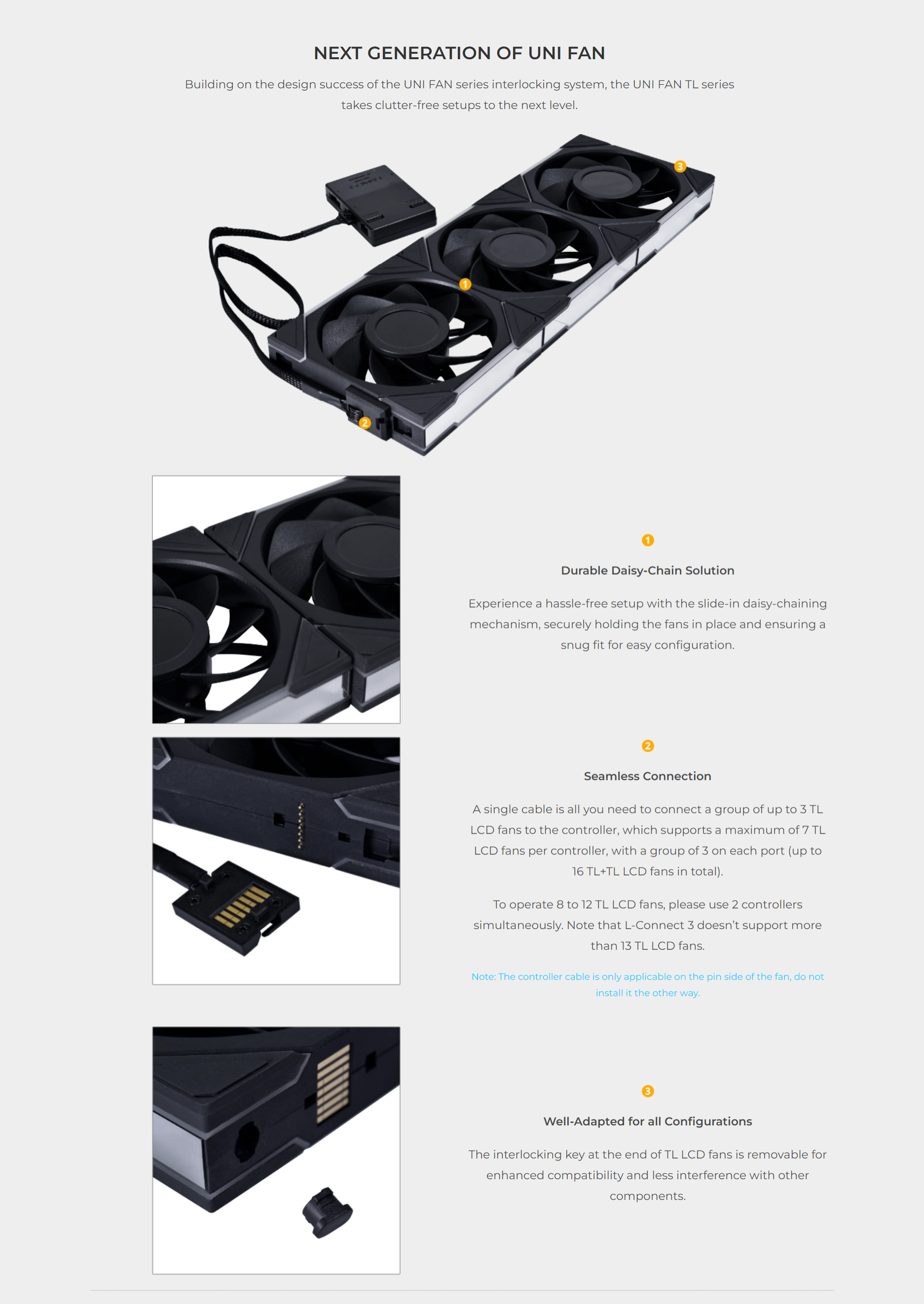 A large marketing image providing additional information about the product Lian Li UNI Fan TL LCD 120 Reverse Blade 120mm Fan Triple Pack - Black - Additional alt info not provided